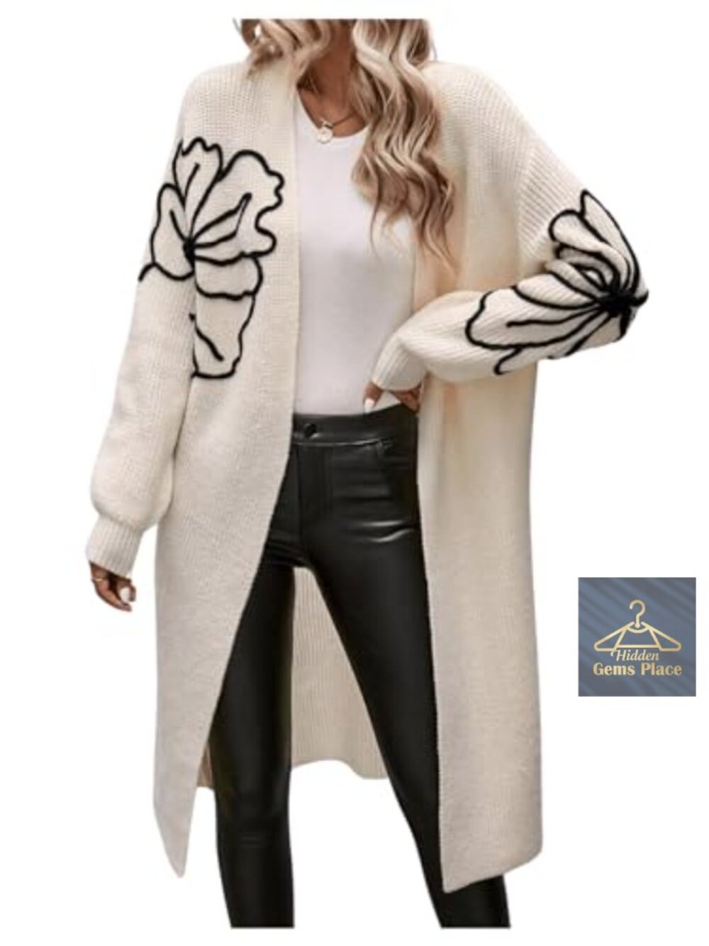 Women's Floral Chunky Knit Long Open Front Oversized Cardigan Duster Coat